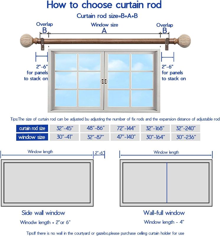 Photo 1 of Wood Curtain Rods for Windows: 1 Inch Diameter Adjustable Drapery Rods 48" to 86", 2 Pack Heavy Duty Window Rod with Imitation Wood Grain Leaf Pattern Finials