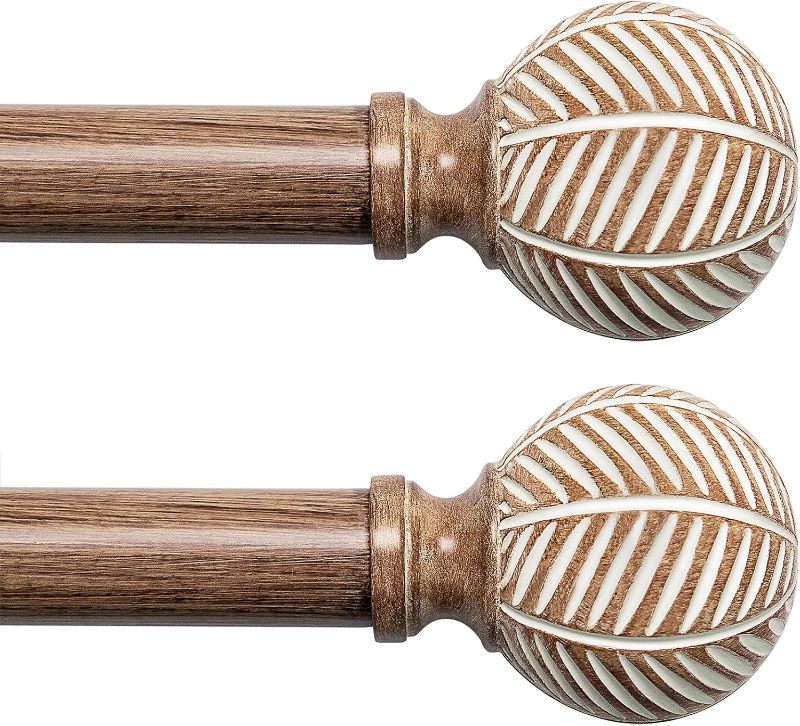Photo 1 of Wood Curtain Rods for Windows: 1 Inch Diameter Adjustable Drapery Rods 48" to 86", 2 Pack Heavy Duty Window Rod with Imitation Wood Grain Leaf Pattern Finials