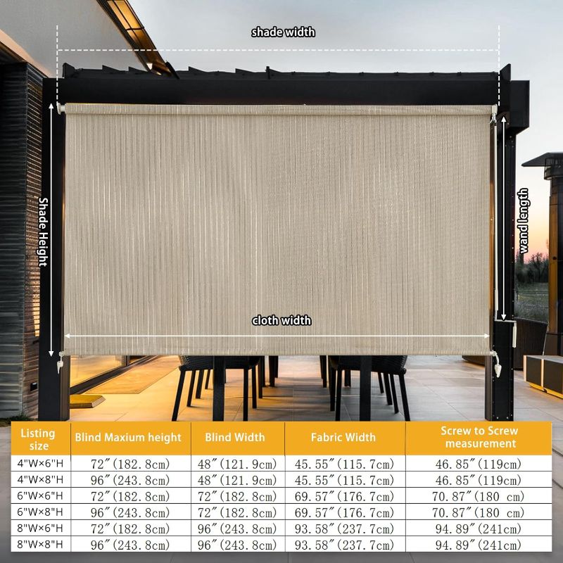 Photo 1 of Outdoor Roller Shades Cordless Patio Roller Up Blinds with Shade Cloth for Porch Gazebo Pergola Balcony Backyard 2 Poles & 1 Fabric, Sesame 48" Wx72 H