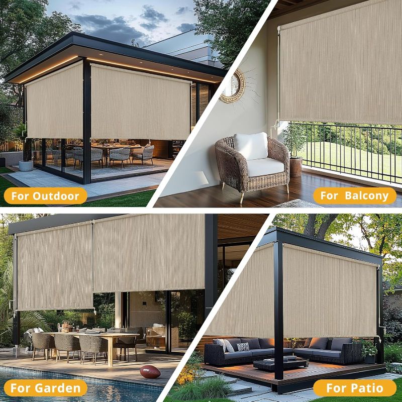 Photo 1 of Outdoor Roller Shades Cordless Patio Roller Up Blinds with Shade Cloth for Porch Gazebo Pergola Balcony Backyard 2 Poles & 1 Fabric, Sesame 48" Wx72 H