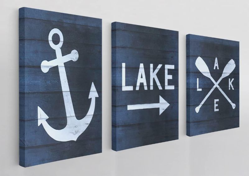 Photo 1 of BXFAHZJ Lake Paddle Nautical Anchor Navy Blue Wall Art Canvas Farmhouse Lake Theme 24x36 Inch Prints(Set Of 3) Decor For Home Bedroom Living Room Lake House Porch Camper Cabin,Gift For Women Men Lake