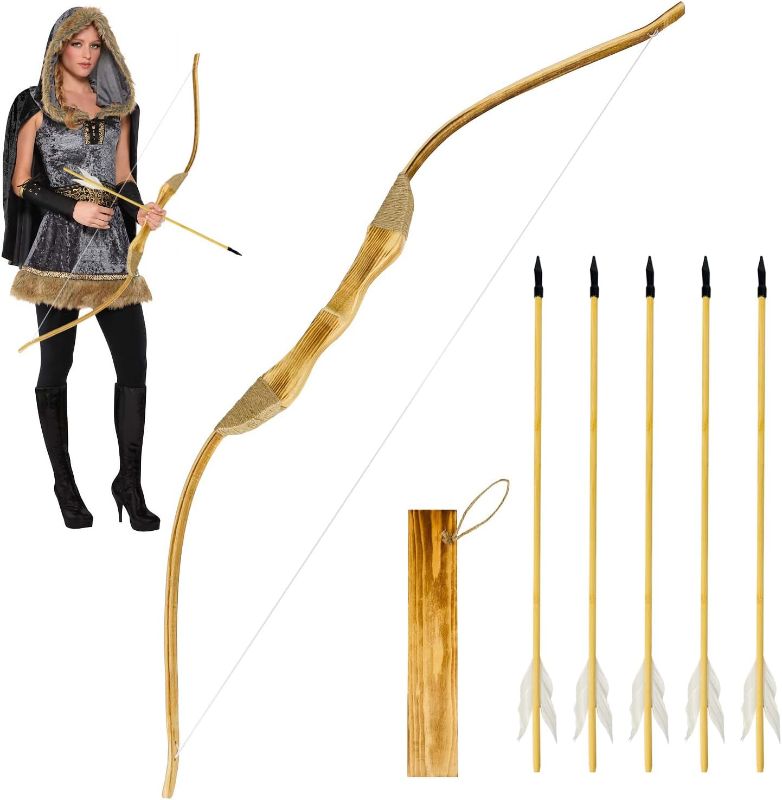 Photo 1 of Wooden Bow and Arrow Set, 40 Inch Handmade Wooden Bow and Arrow Cosplay Costume Prop Archery Set Games Toys, 1 Bows 1 Quivers and 5 Feather Arrows, Gifts for Kids Youth Boys and Girls