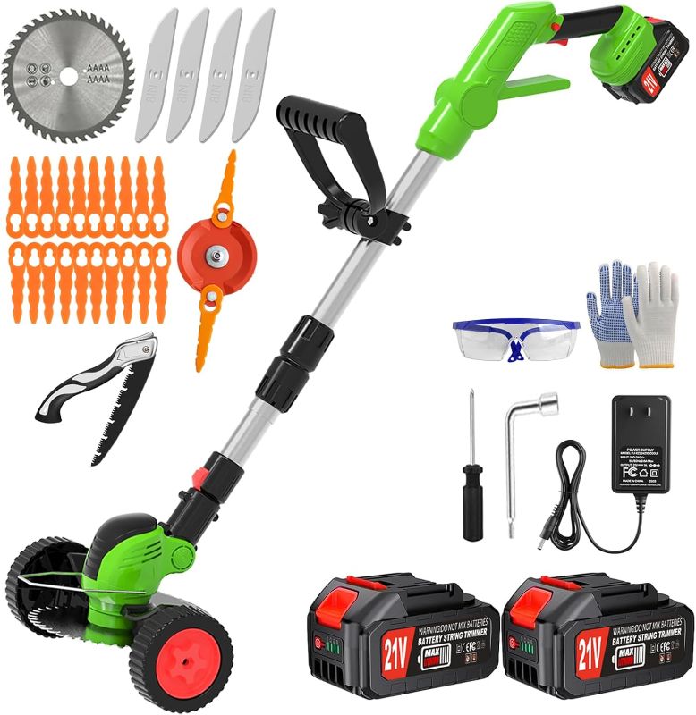 Photo 1 of Electric Cordless Weed Wacker Eater Battery Powered,21V/4.0Ah Lightweight No-String Weed Trimmer with 2 Battery Operated& Wheels,3 in 1 Stringless Grass Trimmer/Edger/Brush Cutter for Garden Yard Lawn
