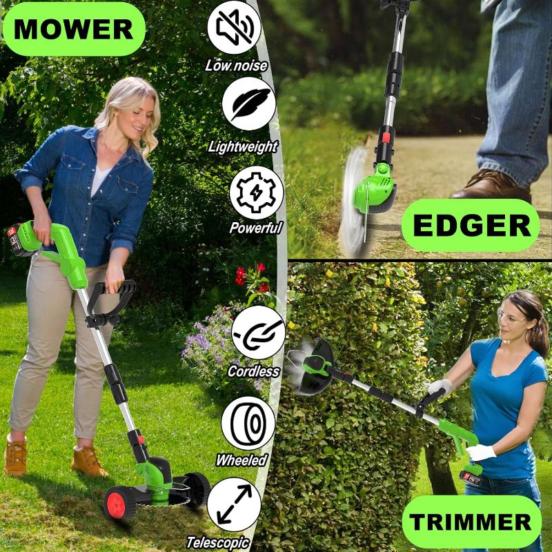 Photo 1 of Electric Cordless Weed Wacker Eater Battery Powered,21V/4.0Ah Lightweight No-String Weed Trimmer with 2 Battery Operated& Wheels,3 in 1 Stringless Grass Trimmer/Edger/Brush Cutter for Garden Yard Lawn