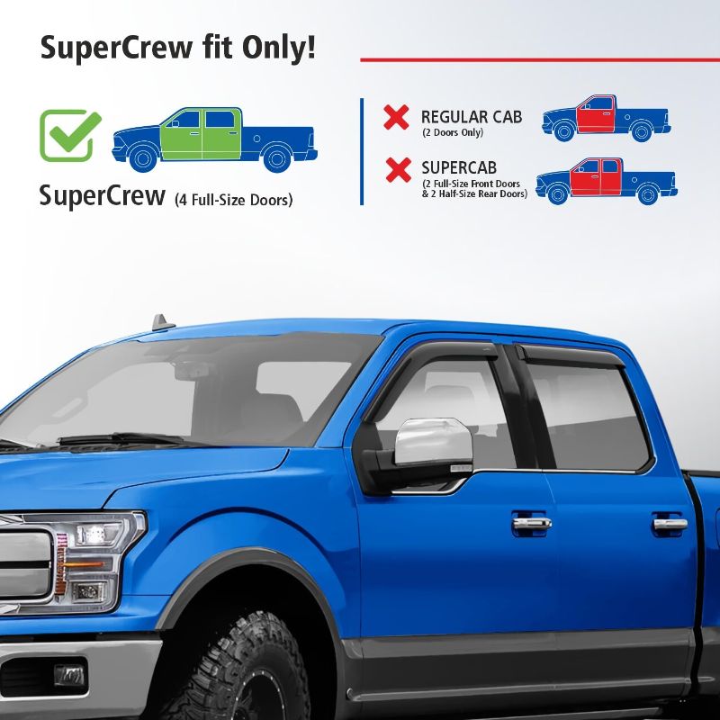 Photo 1 of Goodyear Shatterproof Side Window Deflectors for Trucks Ford F150 2015-2025 SuperCrew, Vent Visor, Truck Accessories, Tape-on Rain Guards, Window Visors, Vent Deflector, 4 pcs. - GY008704