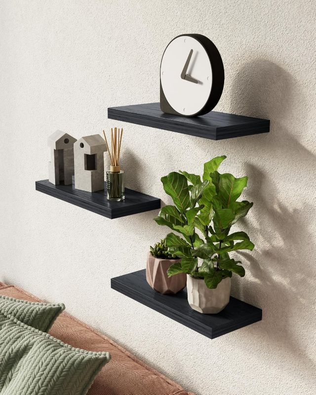 Photo 1 of BAYKA Floating Shelves for Wall, Wall Mounted Rustic Wood Shelves for Bathroom, Bedroom, Living Room, Kitchen, Hanging Shelf for Books/Storage/Room Decor with 22lbs Capacity (Black, Set of 3, 15.7in)