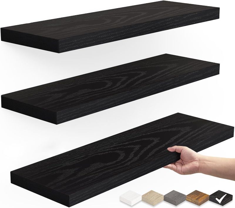 Photo 1 of BAYKA Floating Shelves for Wall, Wall Mounted Rustic Wood Shelves for Bathroom, Bedroom, Living Room, Kitchen, Hanging Shelf for Books/Storage/Room Decor with 22lbs Capacity (Black, Set of 3, 15.7in)