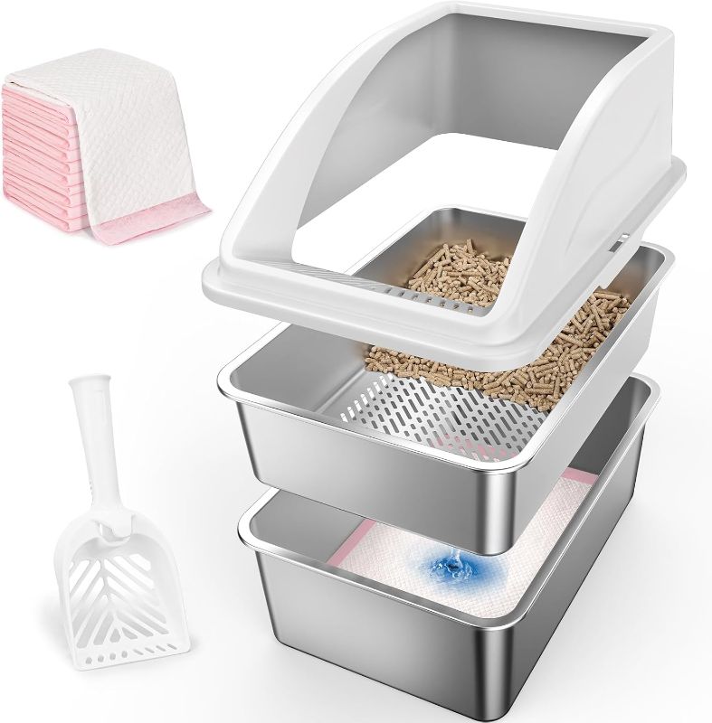 Photo 1 of Stainless Steel Litter Box for Pine Pellet Cat Litter Non Clumping Litter System | XXL Sifting Cat Litter Box with Lid for Big Cats | High Sided, Anti-Urine Leakage | Non-Stick Bottom