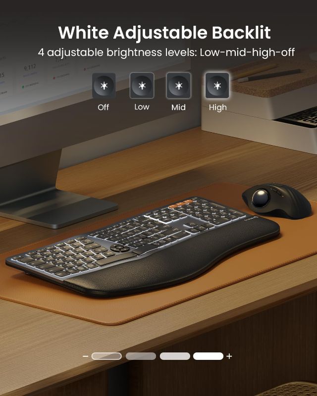 Photo 1 of ProtoArc Backlit Bluetooth Ergonomic Keyboard, EK01 Plus Full Size Wireless Split Keyboard with Dual Bluetooth and USB, Cushioned Wrist Rest, Rechargeable, Compatible with Windows/Mac/Android, Grey