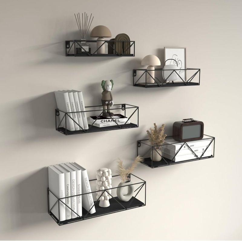 Photo 1 of CRUGLA Black Floating Shelves Wall Mounted Set of 5, Hanging Storage Wall Shelf for Bathroom, Bedroom, Living Room, Kitchen