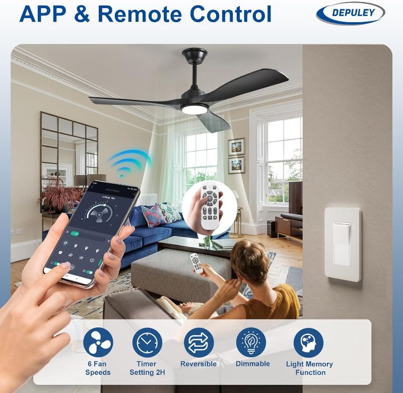 Photo 1 of Depuley 52-Inch Ceiling Fan with Light: Black 3 Blade Outdoor Fans for Patios - Dimmable Indoor Fan with Remote APP Control Ultra Quiet DC Motor Reversible 6 Speed Timer