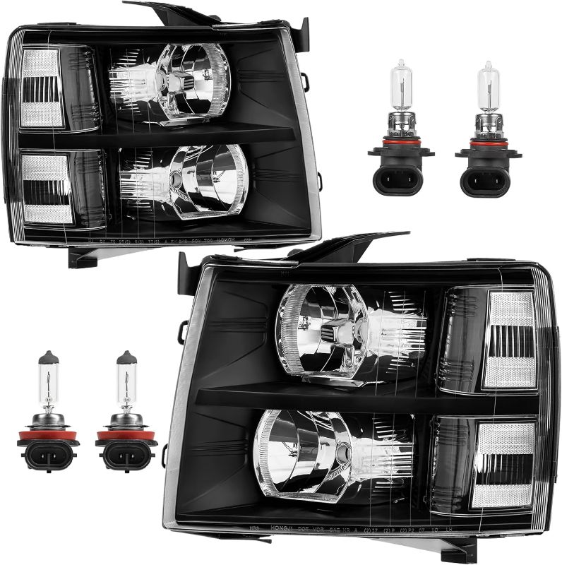 Photo 1 of Headlight Assembly Compatible with 2007-2013 Chevy Chevrolet Silverado 1500 2500HD 3500HD Front Lamp with Bulb Black Housing/Clear Lens/Clear Corner