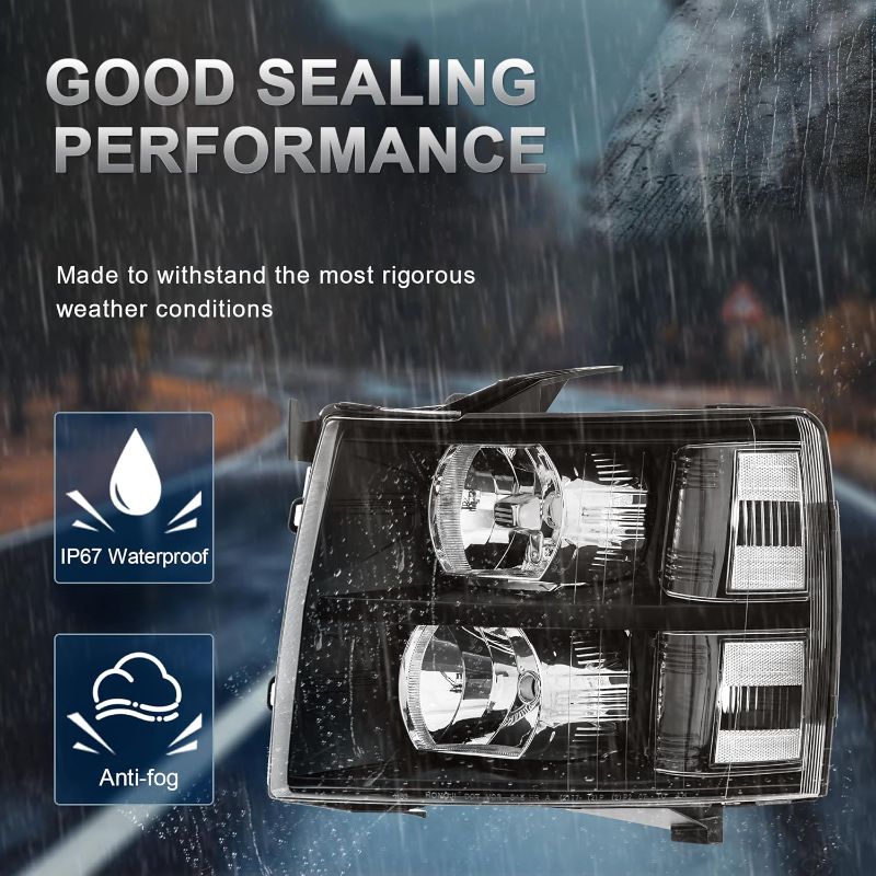 Photo 1 of Headlight Assembly Compatible with 2007-2013 Chevy Chevrolet Silverado 1500 2500HD 3500HD Front Lamp with Bulb Black Housing/Clear Lens/Clear Corner
