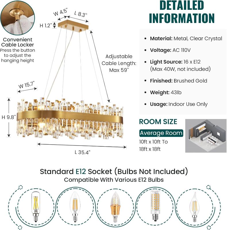 Photo 1 of Siljoy Modern Crystal Chandelier 16-Light Rectangle Gold Brass Chandelier Luxury Oval 2-Tiers K9 Crystal Raindrop Pendant Ceiling Light for Dining Room Living Room Kitchen Island L35.4''