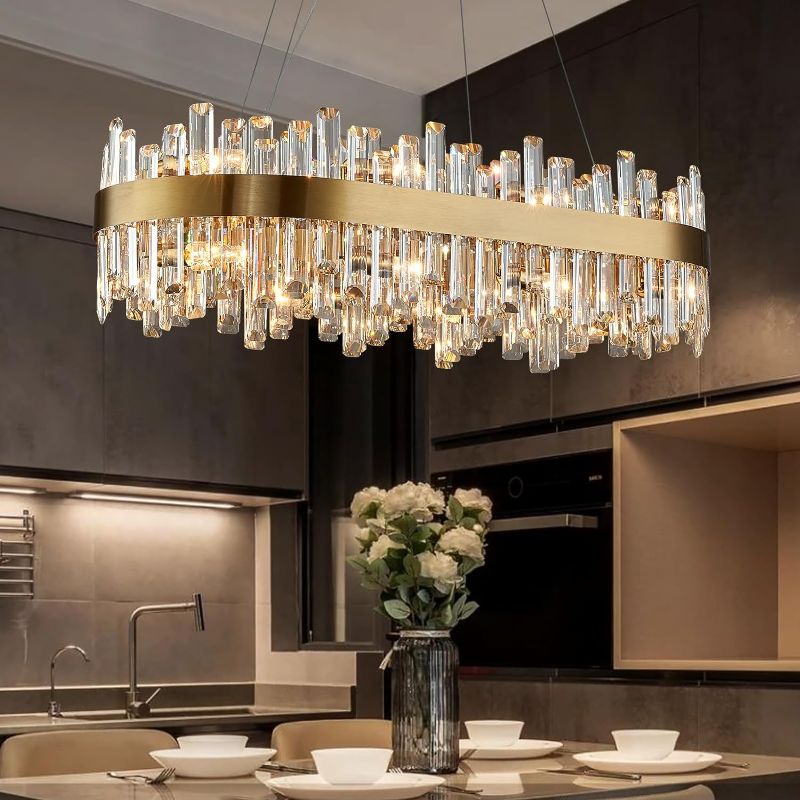 Photo 1 of Siljoy Modern Crystal Chandelier 16-Light Rectangle Gold Brass Chandelier Luxury Oval 2-Tiers K9 Crystal Raindrop Pendant Ceiling Light for Dining Room Living Room Kitchen Island L35.4''