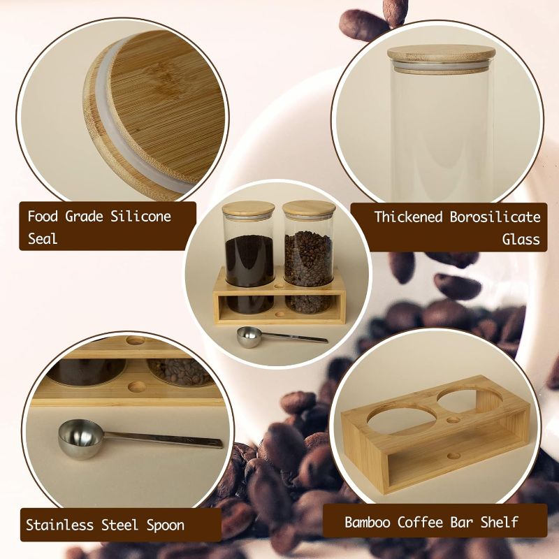 Photo 1 of Glass Coffee Containers With Shelf, Coffee Bar Organizer And Accessories, Coffee Jars With Spoon, 2x 49oz Coffee Bean Storage Airtight Sealed Coffee Canister For Coffee Bean, Ground Coffee, Nuts