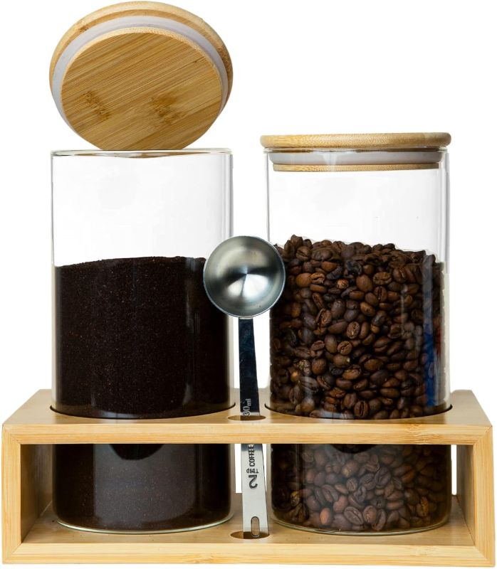 Photo 1 of Glass Coffee Containers With Shelf, Coffee Bar Organizer And Accessories, Coffee Jars With Spoon, 2x 49oz Coffee Bean Storage Airtight Sealed Coffee Canister For Coffee Bean, Ground Coffee, Nuts