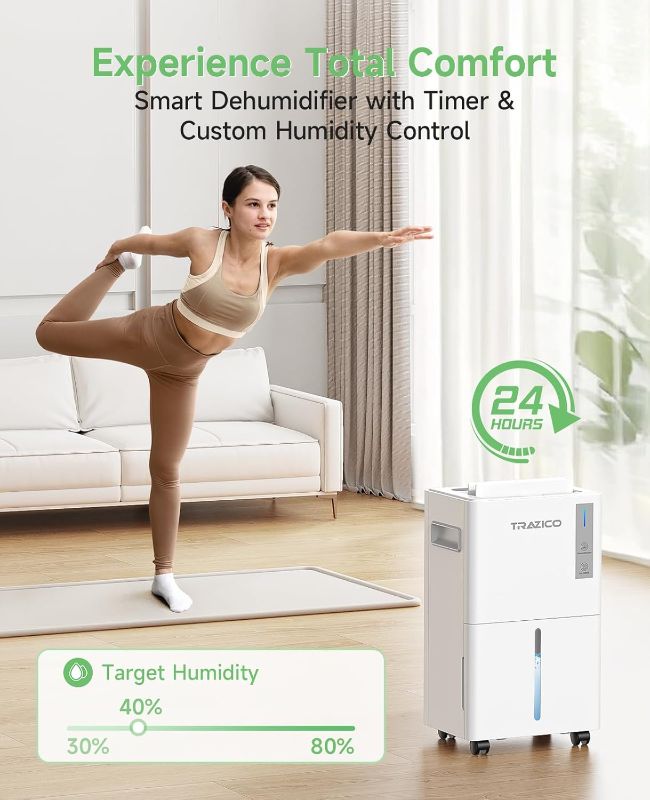 Photo 1 of 1500 Sq.ft Dehumidifier for Basement, Trazico 21 Pint Dehumidifiers for Home Large Room with Drain Hose, Smart Humidity Control, 3 Modes, 24H Timer, Auto Defrost, Ideal for Bedrooms, Bathroom, White
