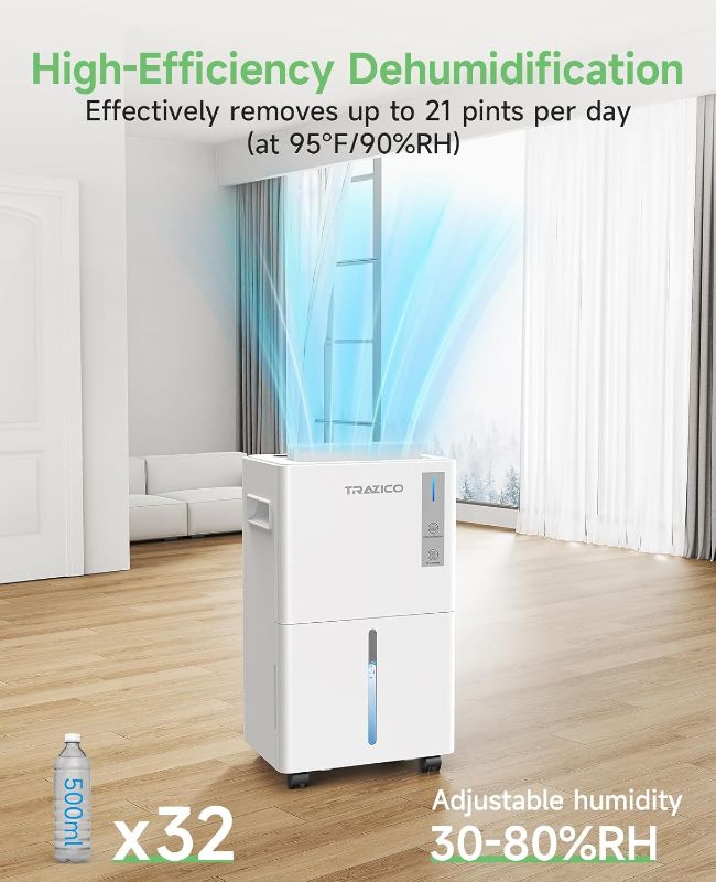 Photo 1 of 1500 Sq.ft Dehumidifier for Basement, Trazico 21 Pint Dehumidifiers for Home Large Room with Drain Hose, Smart Humidity Control, 3 Modes, 24H Timer, Auto Defrost, Ideal for Bedrooms, Bathroom, White
