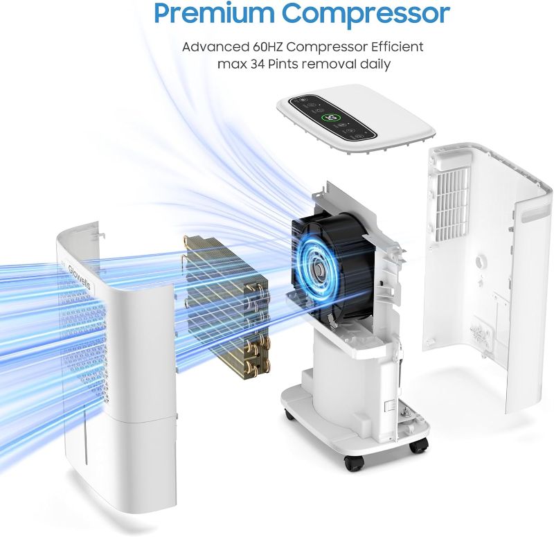 Photo 1 of 2500 Sq.Ft Dehumidifiers for Home Basement with Drain Hose, 34 Pints Large Room Dehumidifier Portable with Smart Humidity Control, 3 Opeartion Modes for RV, Bathroom, Bedroom