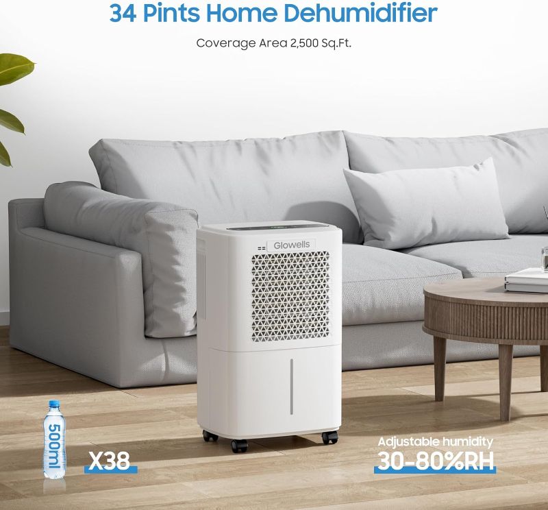 Photo 1 of 2500 Sq.Ft Dehumidifiers for Home Basement with Drain Hose, 34 Pints Large Room Dehumidifier Portable with Smart Humidity Control, 3 Opeartion Modes for RV, Bathroom, Bedroom