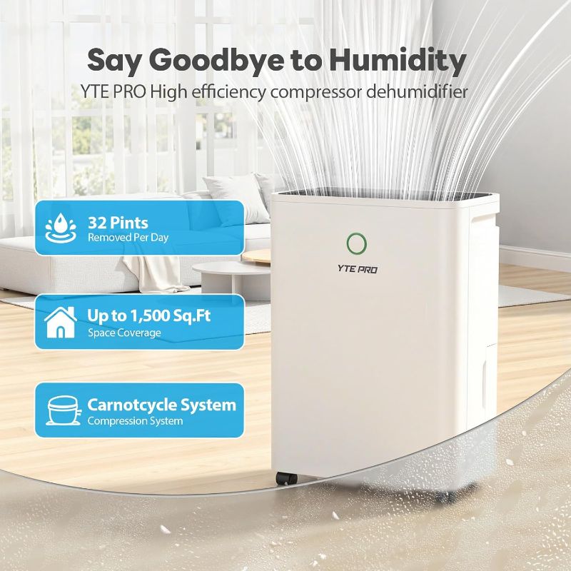 Photo 1 of 1500Sq.Ft Dehumidifier, 30Pint Dehumidifiers for Home, Quiet Dehumidifier for Bathroom, Basement, Bedroom and RV, with 6.56FT Drain Hose,0.66Gal Water Tank, 3-Color Humidity Light