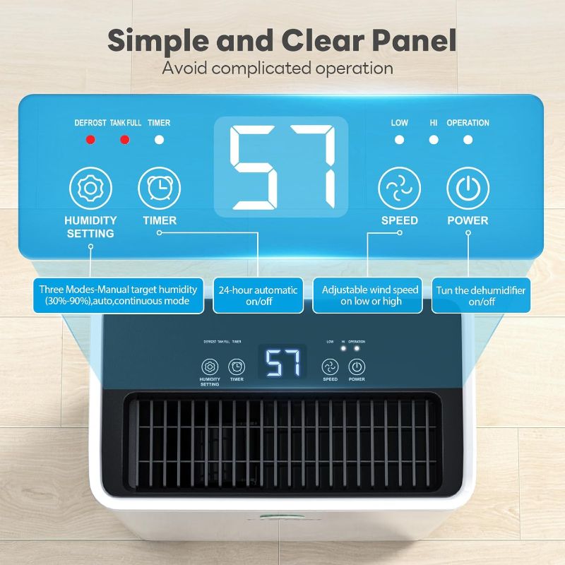 Photo 1 of 1500Sq.Ft Dehumidifier, 30Pint Dehumidifiers for Home, Quiet Dehumidifier for Bathroom, Basement, Bedroom and RV, with 6.56FT Drain Hose,0.66Gal Water Tank, 3-Color Humidity Light