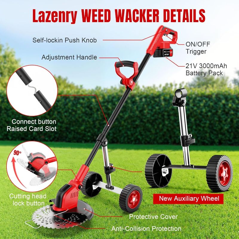 Photo 1 of Electric  Wacker Cordless, 20000 RPM Weed Eater Battery Powered with Detachable Wheels, 4-in-1 Foldable and Lightweight Grass Trimmer/Brush Cutter/String Trimmer, Lawn Mower Edger Garden and Yard