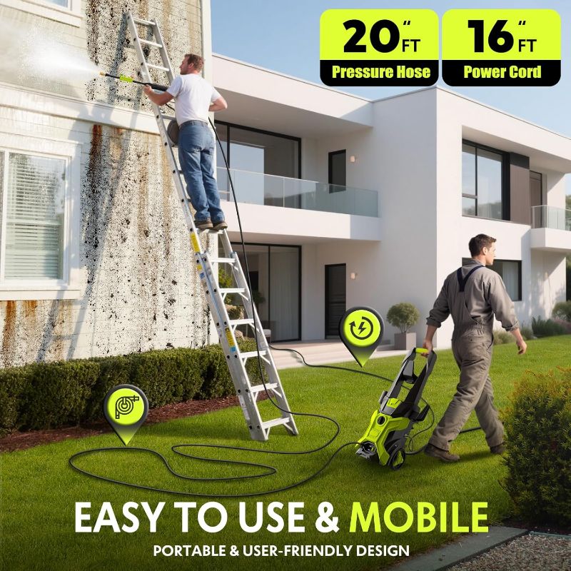 Photo 1 of Electric Pressure Washer - 2.5 GPM Portable Lightweight Power Washer, 4 Quick-Connect Nozzles & Adjustable Soap Tank Pressure Washers for Cars, Driveways, Patios, Fences, Decks, Facade, Home Cleaning