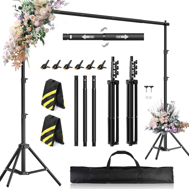Photo 1 of Backdrop Stand for Parties 10x7.5 ft, Telescopic Adjustable Backdrop Holder for Exhibitions, Background Stand for Photography Studio, Photoshoot Backdrop Stand with Clamps, Sandbags