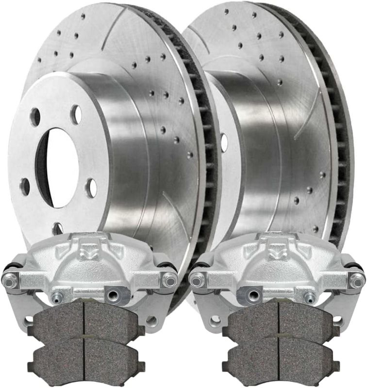 Photo 1 of AutoShack Front Drilled and Slotted Brake Rotors Silver Calipers and Ceramic Pads Kit Set Driver and Passenger Side Replacement for 2007-2012 Jeep Wrangler 3.6L 3.8L V6 4WD RWD BRKPKG100234
