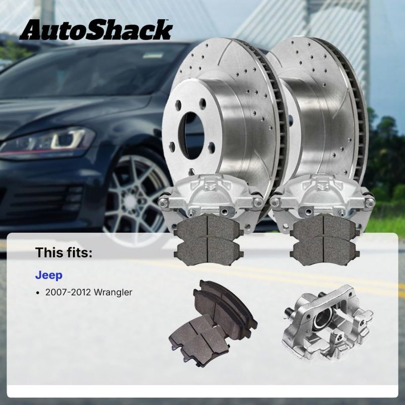 Photo 1 of AutoShack Front Drilled and Slotted Brake Rotors Silver Calipers and Ceramic Pads Kit Set Driver and Passenger Side Replacement for 2007-2012 Jeep Wrangler 3.6L 3.8L V6 4WD RWD BRKPKG100234