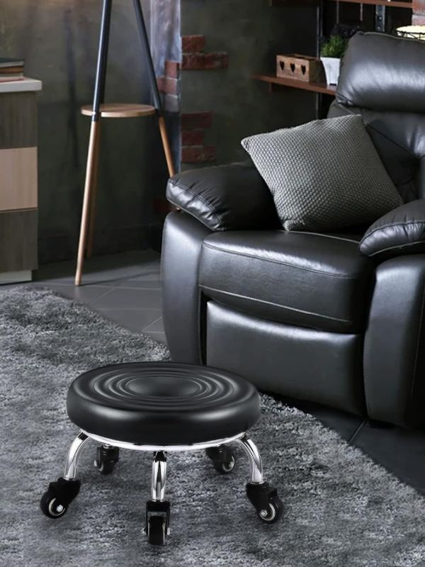 Photo 1 of Lorvain Low Stool with Wheels, Roller Seat Short Rolling Stools with Universal Swivel Caster Wheels Leather Little Low Small Stools on Wheels for Home Garage to sit on- Black