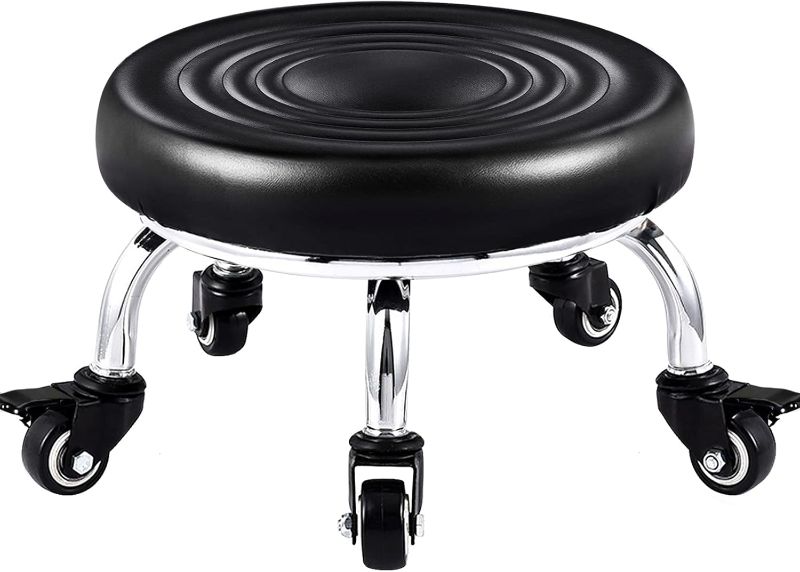 Photo 1 of Lorvain Low Stool with Wheels, Roller Seat Short Rolling Stools with Universal Swivel Caster Wheels Leather Little Low Small Stools on Wheels for Home Garage to sit on- Black