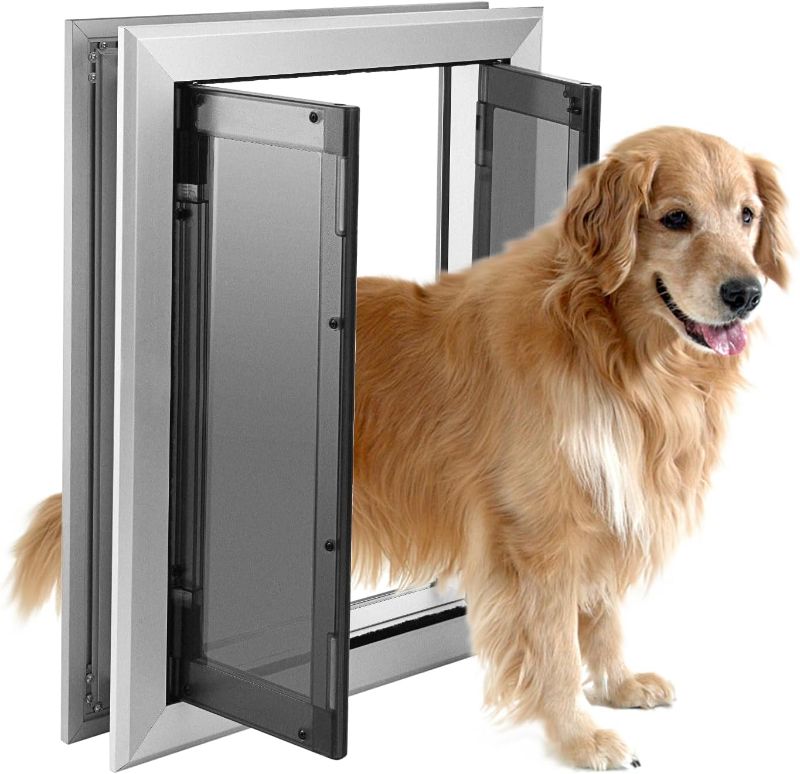 Photo 1 of Large Dog Door, Weatherproof Aluminum Dog Door with Automatic Closing Double Panels Easy to Install Pet Door for Large Dogs and Cats, Closing Panel Included