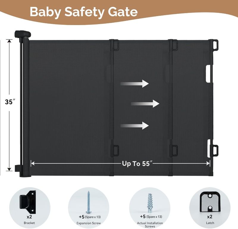 Photo 1 of Kerilyn Retractable Baby Gate Indoor Outdoor Safety Gate for Baby and Pet Extends to 55'' Wide 35'' Tall Child Safety Gate Mesh Gate for Stairs, Door