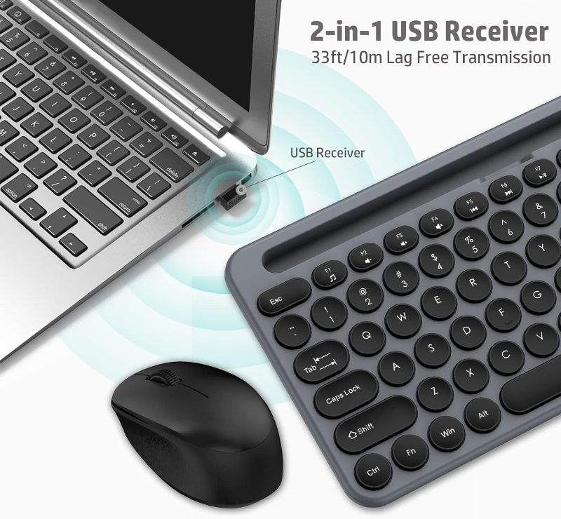 Photo 1 of LeadsaiL Wireless Keyboard and Mouse Combo, Full-Sized Ergonomic Computer Keyboard with Phone Tablet Holder, 2.4GHz Silent Cordless Keyboard Mouse Set for Windows Laptop, PC, Desktop - Grey
