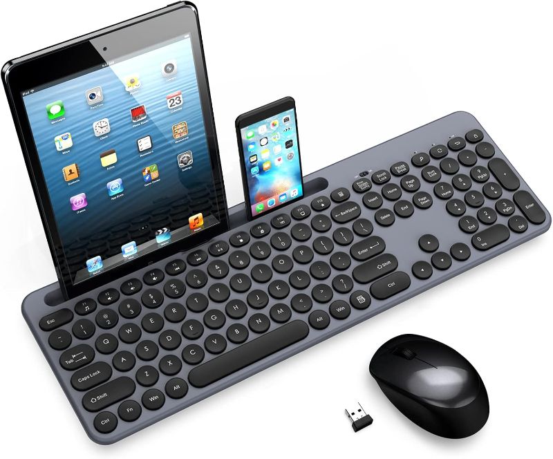Photo 1 of LeadsaiL Wireless Keyboard and Mouse Combo, Full-Sized Ergonomic Computer Keyboard with Phone Tablet Holder, 2.4GHz Silent Cordless Keyboard Mouse Set for Windows Laptop, PC, Desktop - Grey