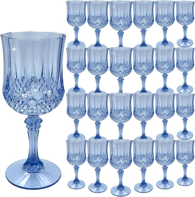 Photo 1 of Plastic Wine Glasses Plastic Goblets Vintage Style Cordial Drinking Glasses for Wedding Reception, Grand Event Party Supplies (24, Blue)