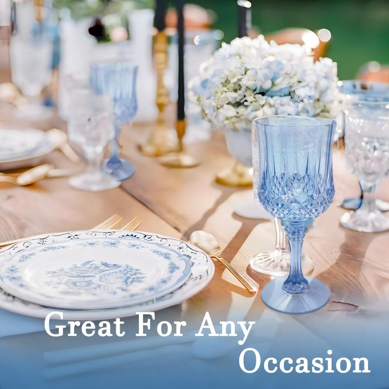 Photo 1 of Plastic Wine Glasses Plastic Goblets Vintage Style Cordial Drinking Glasses for Wedding Reception, Grand Event Party Supplies (24, Blue)