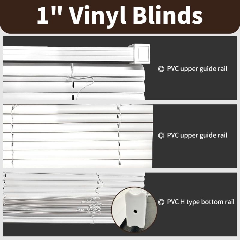 Photo 1 of 1" Cordless Mini Blinds 25" W x 36" H, White Vinyl Blinds, Horizontal Light Filtering Blinds, Window Blinds for Indoor Windows, Office, Kitchen, Bathroom and Living Room.