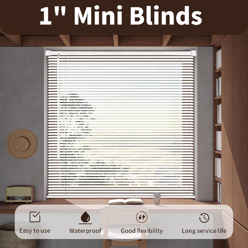 Photo 1 of 1" Cordless Mini Blinds 25" W x 36" H, White Vinyl Blinds, Horizontal Light Filtering Blinds, Window Blinds for Indoor Windows, Office, Kitchen, Bathroom and Living Room.