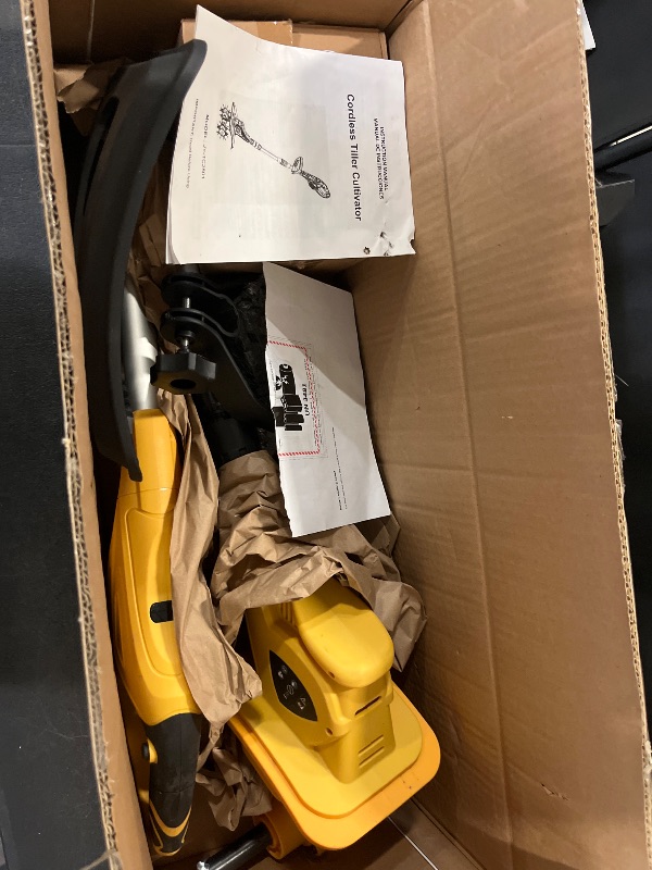 Photo 1 of Alloyman 20V Cordless Tiller Cultivator, 360RPM Electric Garden Tiller, with 2 * 2.0Ah Batteries & Charger, 9In Tilling Width and 6.6In Depth Garden Rototiller for Lawn/Gardening/Soil Cultivation
