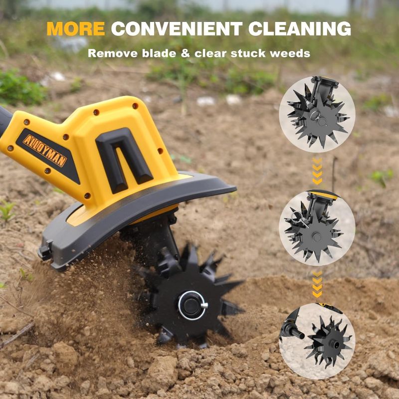 Photo 1 of Alloyman 20V Cordless Tiller Cultivator, 360RPM Electric Garden Tiller, with 2 * 2.0Ah Batteries & Charger, 9In Tilling Width and 6.6In Depth Garden Rototiller for Lawn/Gardening/Soil Cultivation

