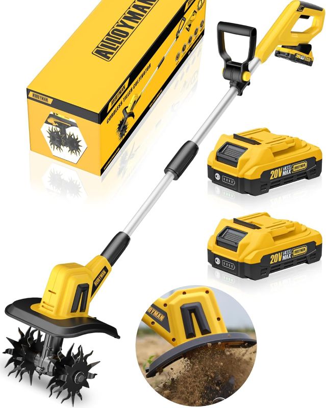 Photo 1 of Alloyman 20V Cordless Tiller Cultivator, 360RPM Electric Garden Tiller, with 2 * 2.0Ah Batteries & Charger, 9In Tilling Width and 6.6In Depth Garden Rototiller for Lawn/Gardening/Soil Cultivation
