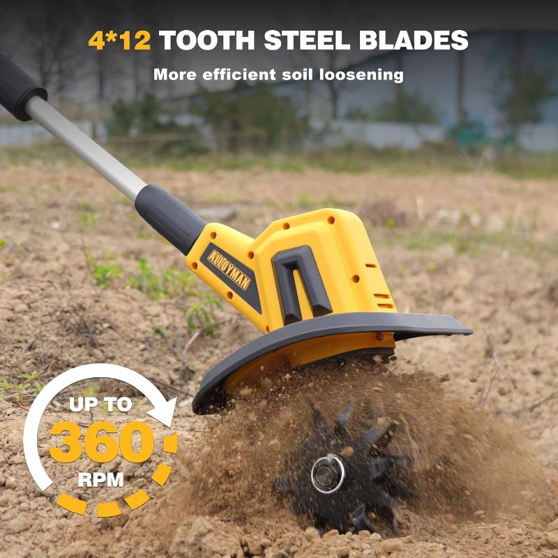 Photo 1 of Alloyman 20V Cordless Tiller Cultivator, 360RPM Electric Garden Tiller, with 2 * 2.0Ah Batteries & Charger, 9In Tilling Width and 6.6In Depth Garden Rototiller for Lawn/Gardening/Soil Cultivation
