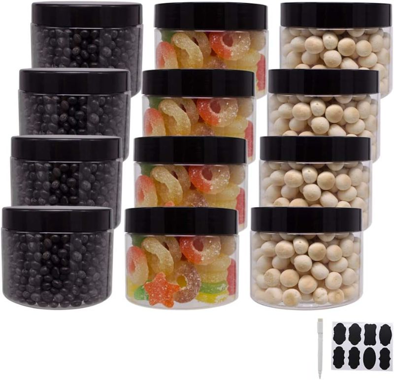 Photo 1 of 12 Pack 12 oz Plastic Jars With Lids, Extra Labels, 1 Pen, Clear PET Seal Jar for Food Storage,Wide Opening Storage jar For Dry Food, Peanut, Powder, Kitchen & Craft Storage