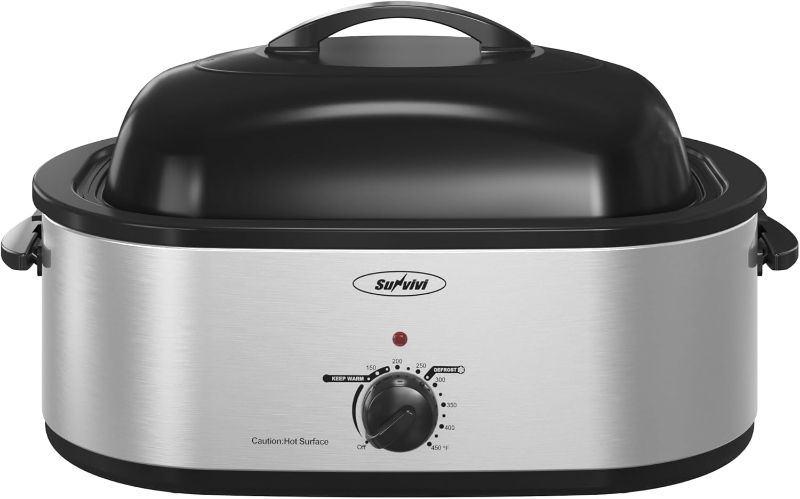 Photo 1 of Sunvivi 24lb 20-Quart Roaster Oven, Electric Roaster Oven with Self-Basting Lid, Turkey Roaster with Unique Defrost/Warm Function, Large Roaster with Removable Pan & Rack, Stainless Steel, Silver
