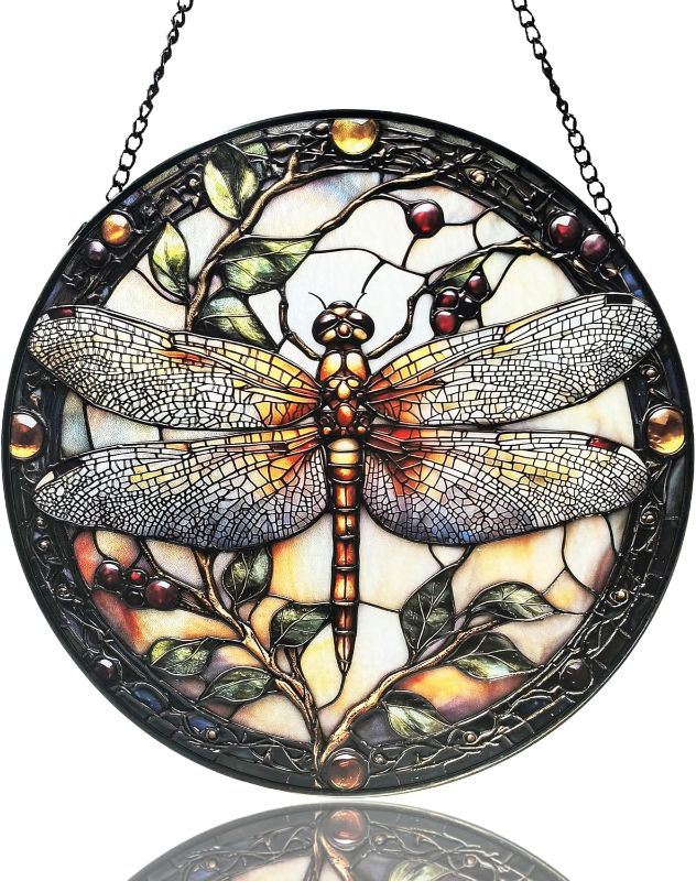 Photo 1 of Stained Glass Window Hanging - Dragonfly Plant Suncatcher Ready to Hang Window Doors Home Decoration, 9.8 inch