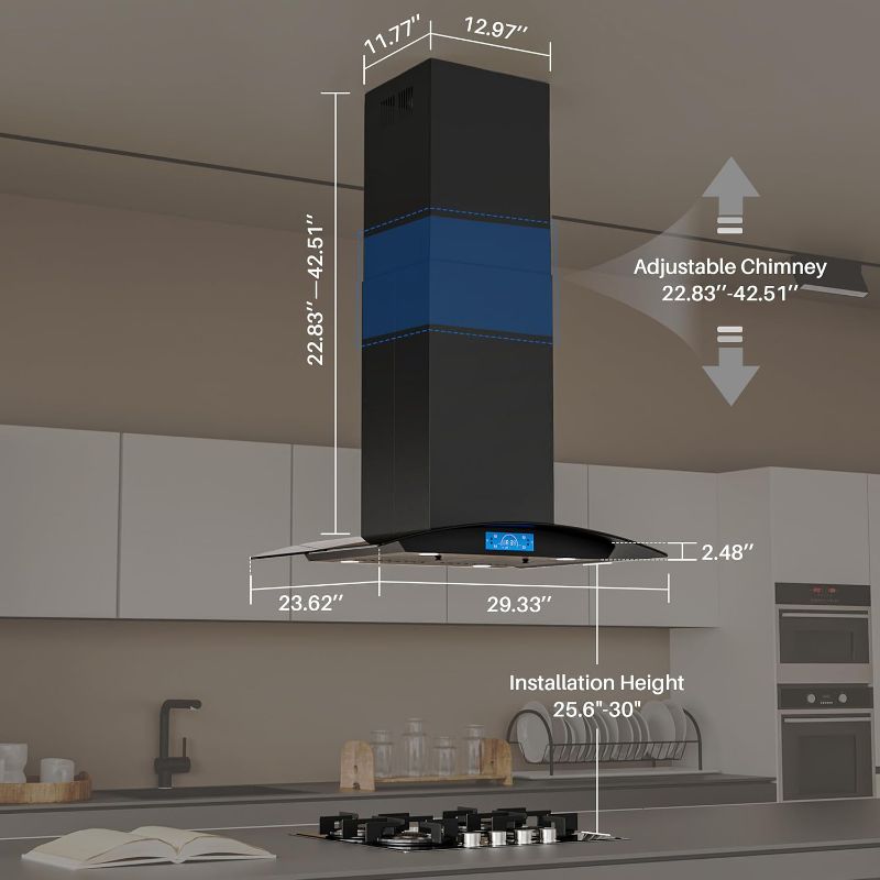 Photo 1 of FIREGAS Black Island Range Hood, 700 CFM Ceiling Mount Range Hood with Touch & Gesture Control, 3 Speed Fan, LED Lights, Ducted/Ductless Convertible Kitchen Vent Hood